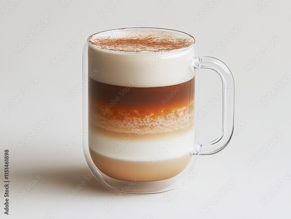 layered coffee drink in glass mug with cinnamon powder layered coffee drink in glass mug with cinnamon powder