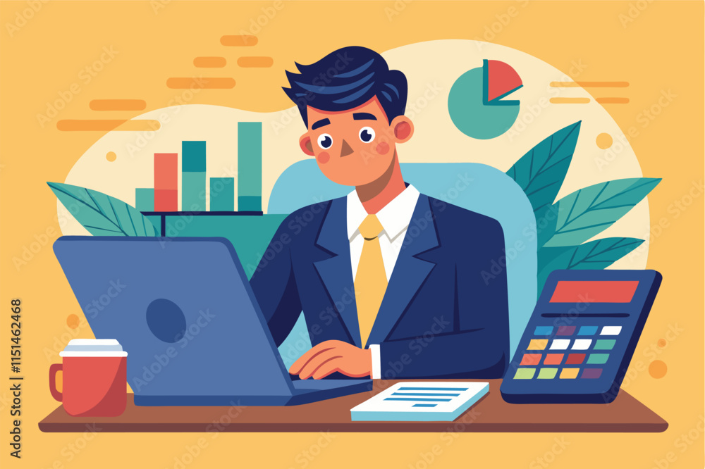 Business professional working on a laptop at a modern office desk with financial charts, calculator, and coffee cup Business professional working on a laptop at a modern office desk with financial charts, calculator, and coffee cup