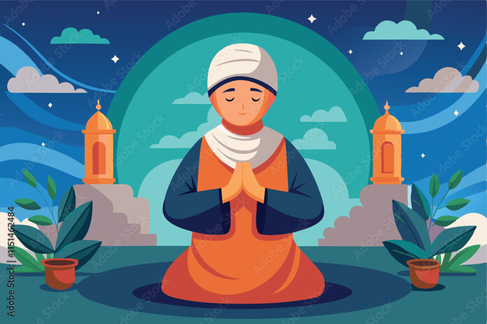 Meditating person in traditional attire under the moonlit sky near a mosque with tall minarets Meditating person in traditional attire under the moonlit sky near a mosque with tall minarets