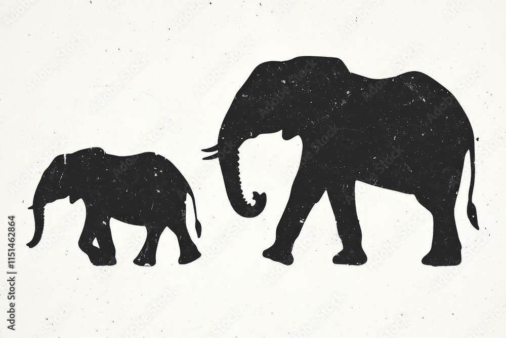 Fototapeta premium silhouette of an adult and baby elephant walking