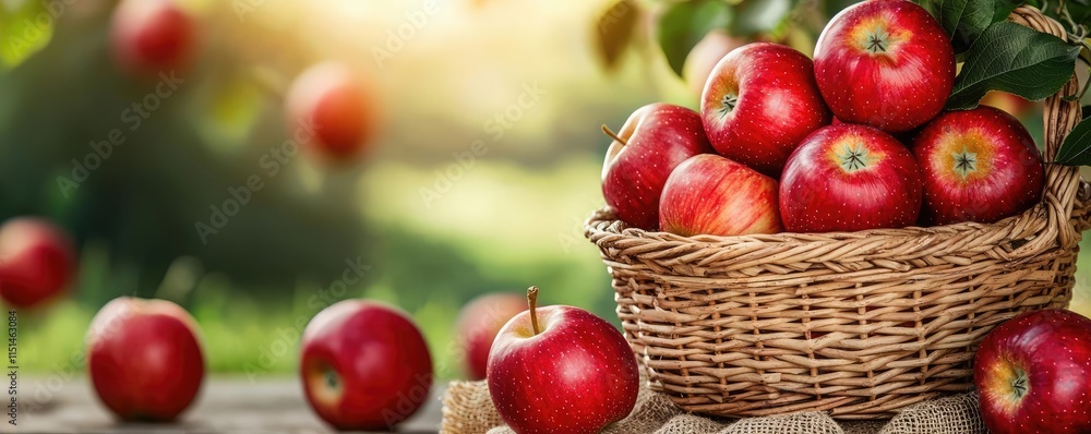 Apples produce idea. A basket full of fresh red apples placed on a rustic wooden table in nature. Apples produce idea. A basket full of fresh red apples placed on a rustic wooden table in nature.