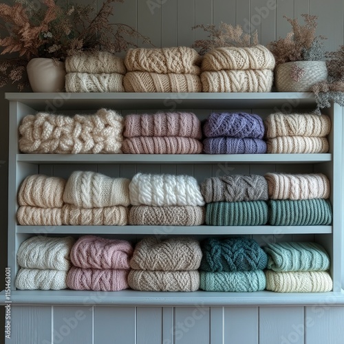 A gray shelf filled with stacks of folded knitted sweaters and blankets in various colors and textures creates a cozy and inviting atmosphere. photo