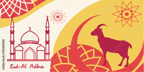Celebrating Eid Al Adha with traditional symbols of devotion and sacrifice featuring a mosque and goat silhouette in vibrant colors