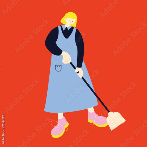 Female character is sweeping the floor. Flat vector illustration