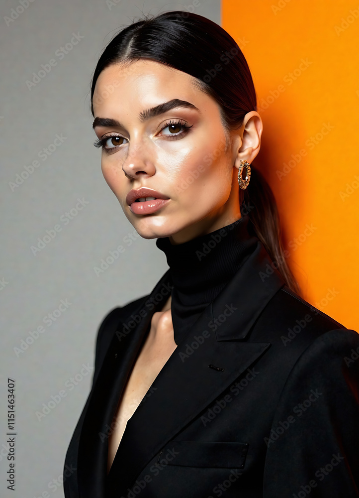 Fototapeta premium Young stylish woman model posing for edgy and modern fashion editorial. Conceptual photo in vivid colors. Haute couture contemporary trends new image