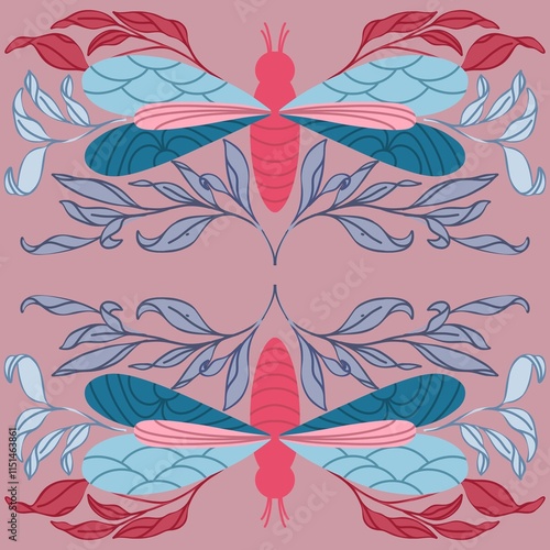 Seamless elegant pattern with colourful dragonfly and leaves