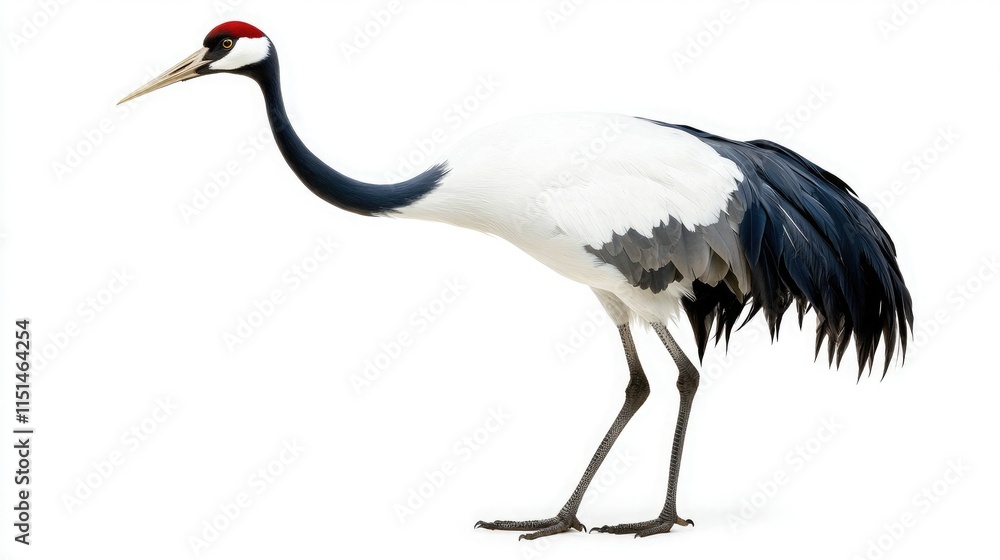 A striking black-and-white crane with a red crown stands gracefully against a white background, showcasing its elegant posture and long legs. A striking black-and-white crane with a red crown stands gracefully against a white background, showcasing its elegant posture and long legs.