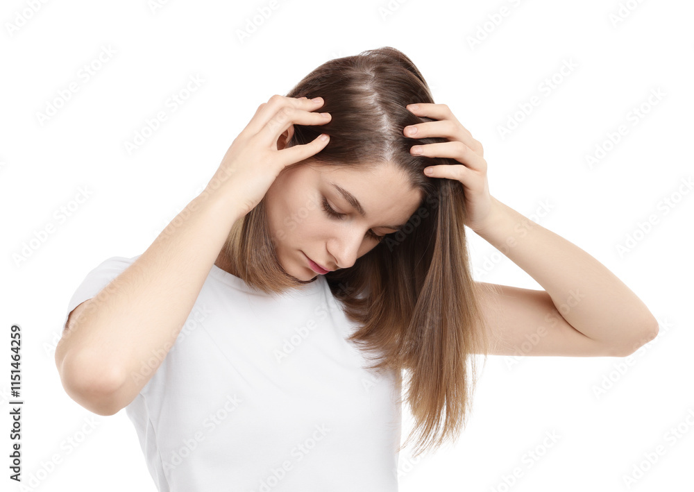 Girl with hair loss problem on white background Girl with hair loss problem on white background