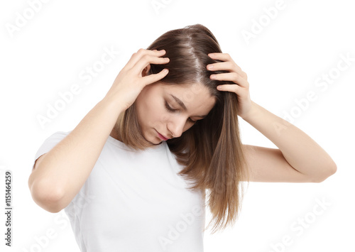 Girl with hair loss problem on white background