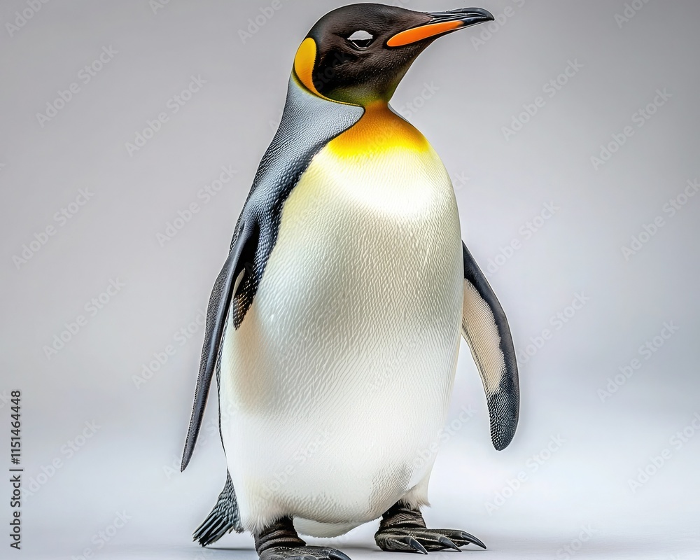 Obraz premium A regal penguin stands proudly, showcasing its distinctive black, white, and orange plumage against a neutral background.