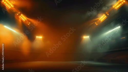 A dramatic sports arena illuminated by orange and blue lights amidst fog.