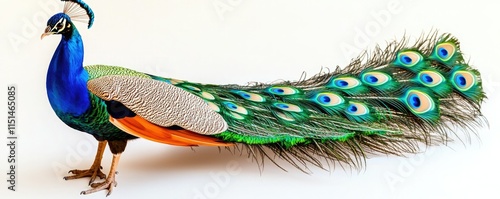 A vibrant peacock showcasing its colorful plumage with striking blue and green feathers, standing elegantly against a plain background.