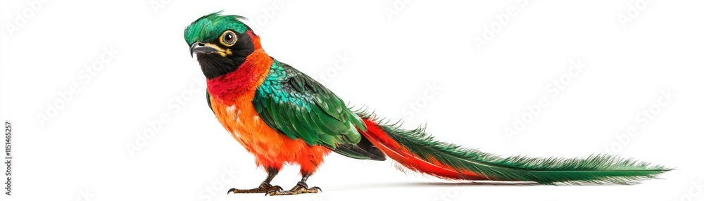 Fototapeta premium A vibrant, colorful bird with a long tail, featuring green, red, and orange plumage, showcasing its striking beauty.