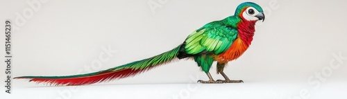 A vibrant, colorful bird with a long tail, featuring striking green, red, and blue plumage, perched elegantly against a neutral background. photo