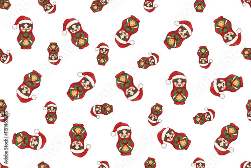 New year wrapping paper template design with Matryoshka. Folk russian wrap paper theme. Seamless pattern with russian doll. Vector illustration for textile fabric print. EPS 10