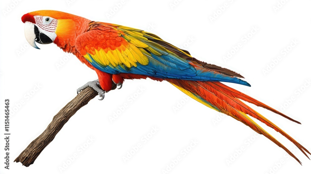 Obraz premium A vibrant macaw perched on a branch, showcasing its colorful feathers in shades of red, yellow, green, and blue.