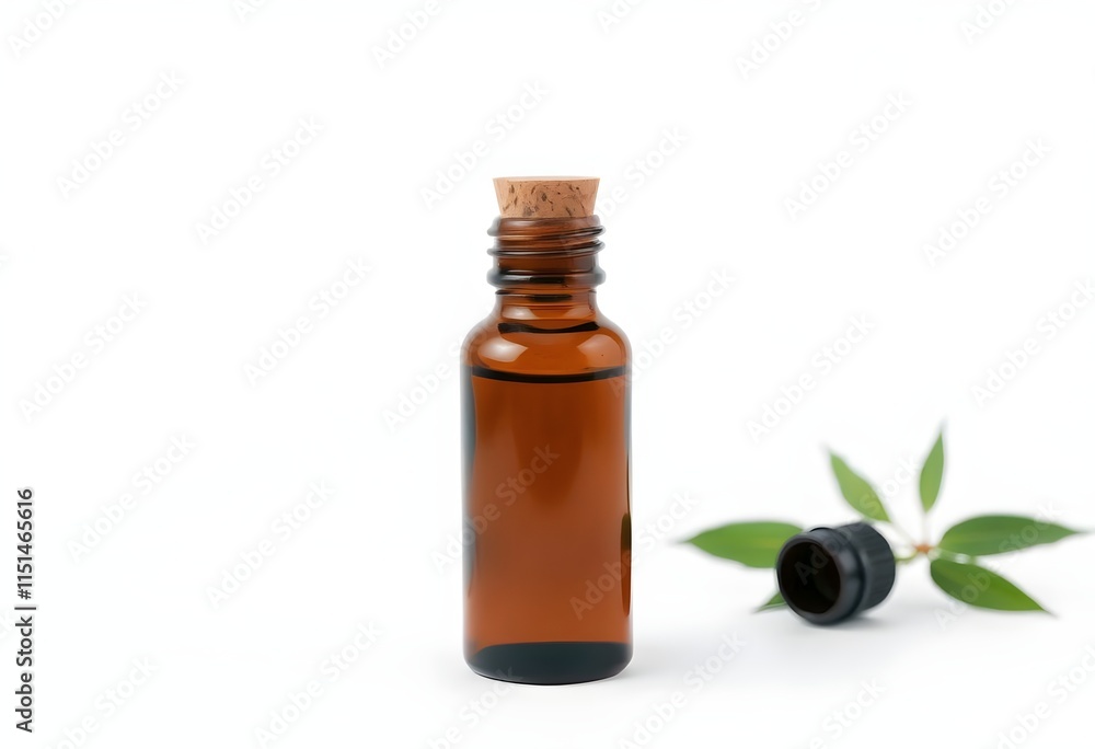 Elegant bottle with cork lid for essential oils, isolated on white Elegant bottle with cork lid for essential oils, isolated on white