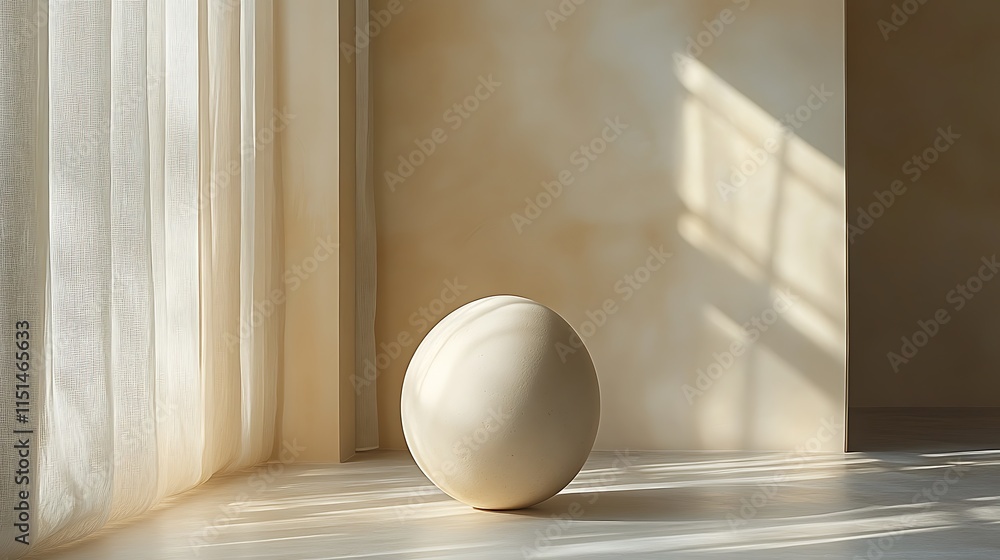 Large white egg rests in sunlit minimalist room Large white egg rests in sunlit minimalist room