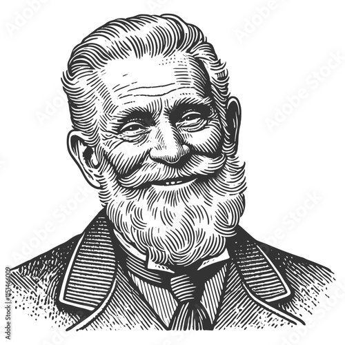 elderly man with a full beard, expressive smile, and textured hair, drawn in vintage style sketch engraving generative ai vector illustration. Scratch board imitation. Black and white image.