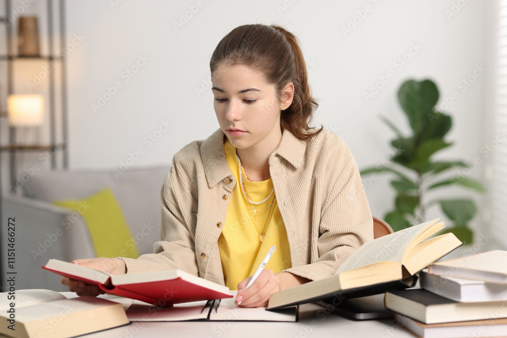 Student preparing for exam at table indoors Student preparing for exam at table indoors