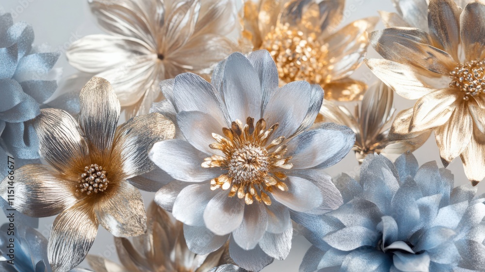 close up of gold and silver colored artificial flowers close up of gold and silver colored artificial flowers