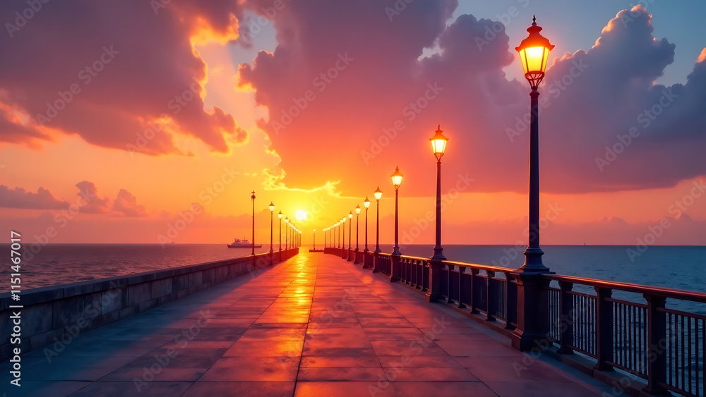 Serene promenade with lampposts at sunset over the ocean. new image Serene promenade with lampposts at sunset over the ocean. new image