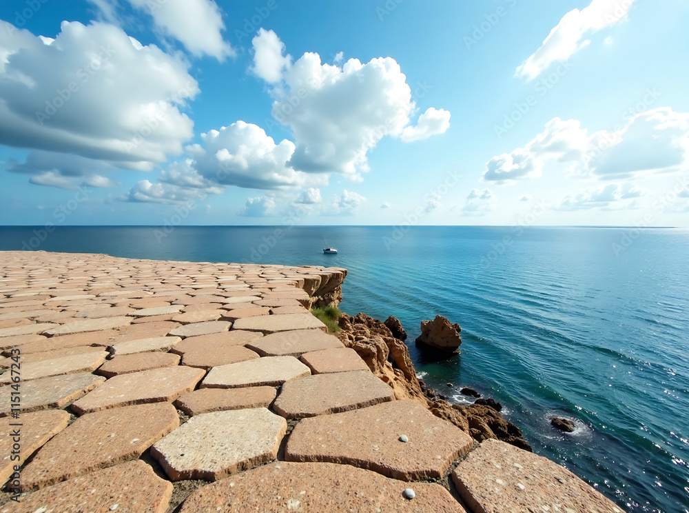 Empty stone embankment with border against calm sea and cloudy blue sky on Cape Vilan peninsula in Spain : new image Empty stone embankment with border against calm sea and cloudy blue sky on Cape Vilan peninsula in Spain : new image