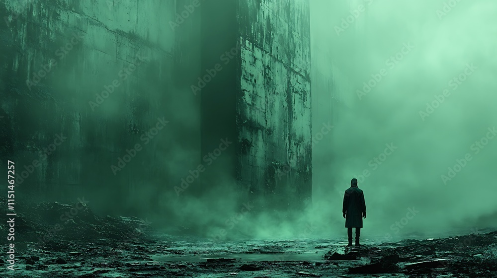 Obraz premium Lone Figure Stands Before Immense Green Foggy Structure