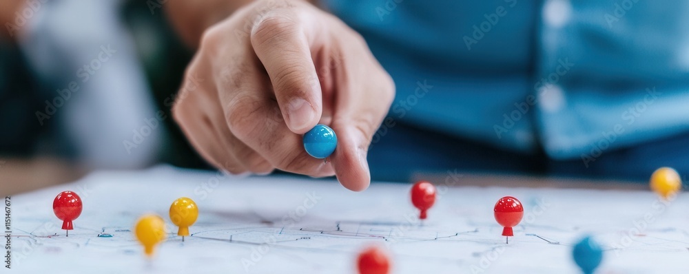 © Phenvita - New Year's resolutions personal goals skills concept. A hand places a blue pin onto a map surrounded by various colored pins, symbolizing navigation or planning.