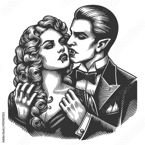 vampire couple in gothic embrace, detailed vintage-style vampire attire and fangs sketch engraving generative ai fictional character vector illustration. Scratch board imitation. Black and white image