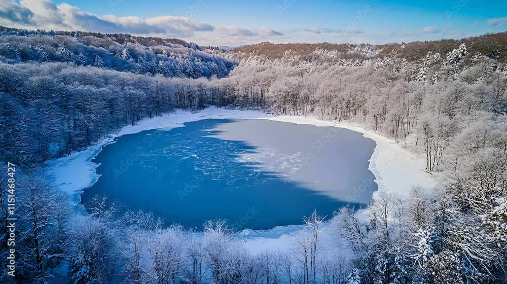 Stunning Aerial View of Frozen Lake in Snowy Forest
