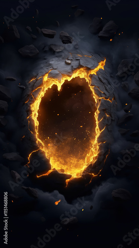 fiery portal surrounded by dark rocks and smoke, creating dramatic scene