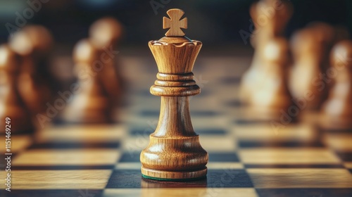 Wooden Chess King Piece on a Chessboard. A close-up of a wooden chess king piece placed prominently on a chessboard. Perfect for themes related to leadership, strategy, planning, and decision-making. photo