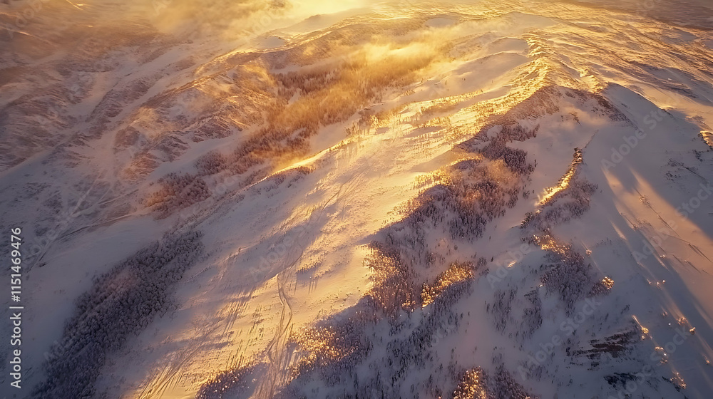 Naklejka premium Aerial View of Majestic Snow Mountain at Sunrise
