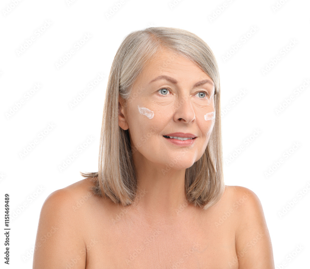 Senior woman with face cream on white background Senior woman with face cream on white background