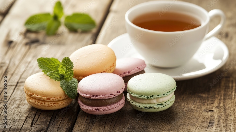 Obraz premium Colorful macarons with tea on rustic wood.