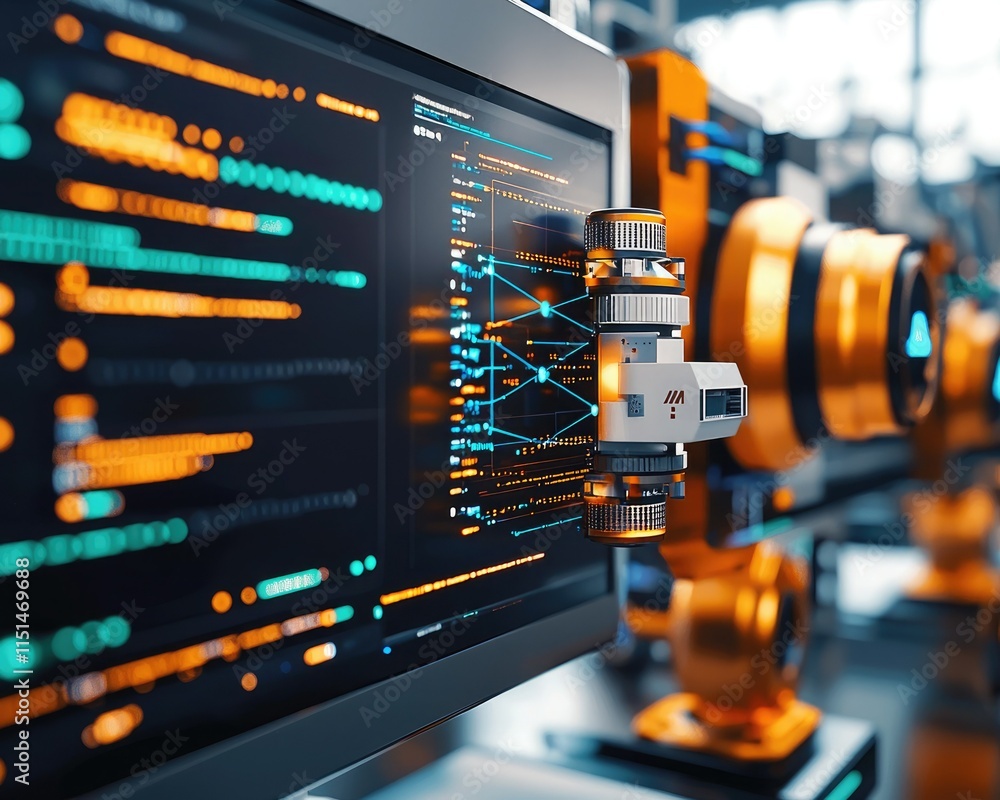 A close-up view of a monitor displaying coding and data analysis, with robotic arms in the background, illustrating automation and technology. A close-up view of a monitor displaying coding and data analysis, with robotic arms in the background, illustrating automation and technology.