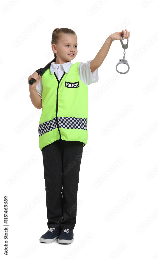 Little girl with baton and handcuffs pretending to be policewoman on white background. Dreaming of future profession Little girl with baton and handcuffs pretending to be policewoman on white background. Dreaming of future profession