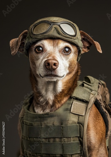 A captivating portrait of a heroic dog wearing a tactical military vest and helmet with goggles, exuding bravery and determination against a dramatic dark background - AI Generated Digital Art. photo