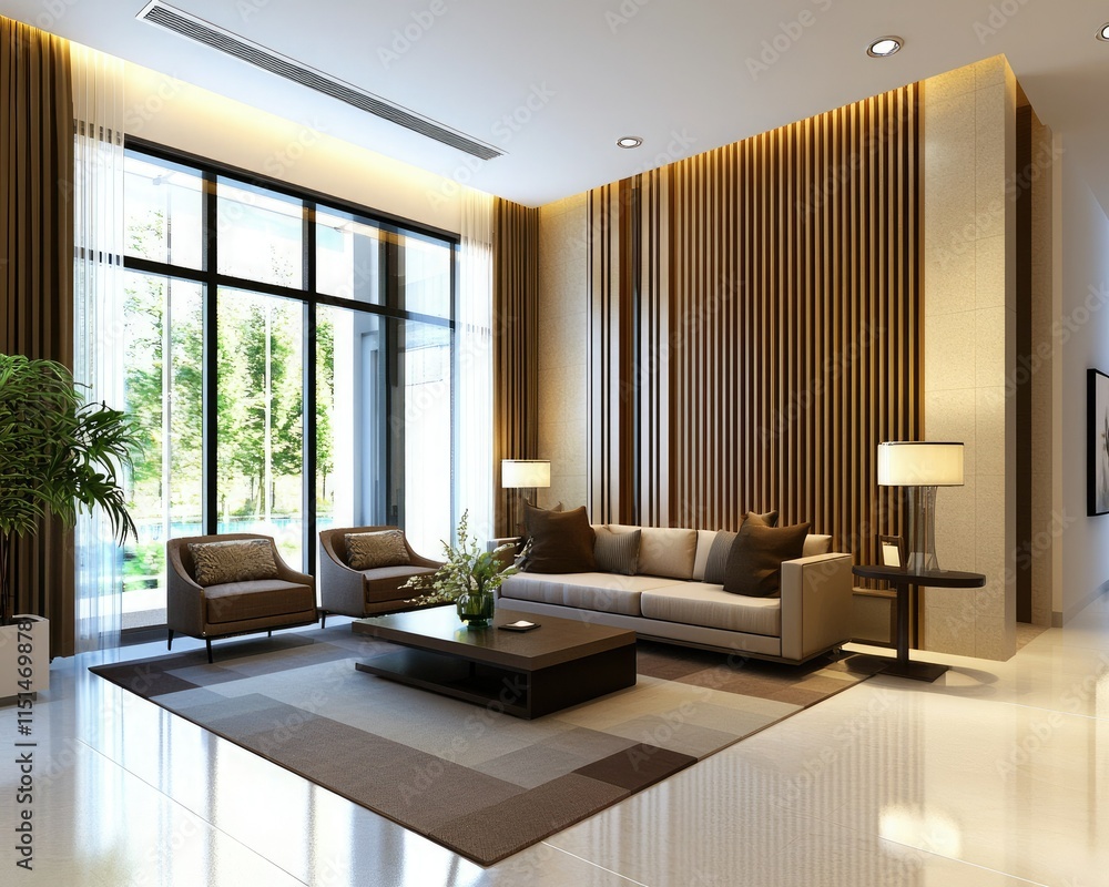 Fototapeta premium A modern, stylish living room featuring a cozy sofa, elegant chairs, and large windows allowing natural light, complemented by decorative plants and neutral tones.