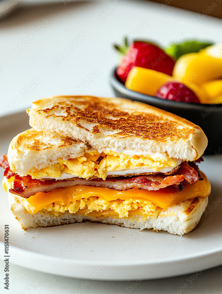 Delicious breakfast sandwich with eggs, cheese, and bacon served with fresh fruit on the side. Delicious breakfast sandwich with eggs, cheese, and bacon served with fresh fruit on the side.