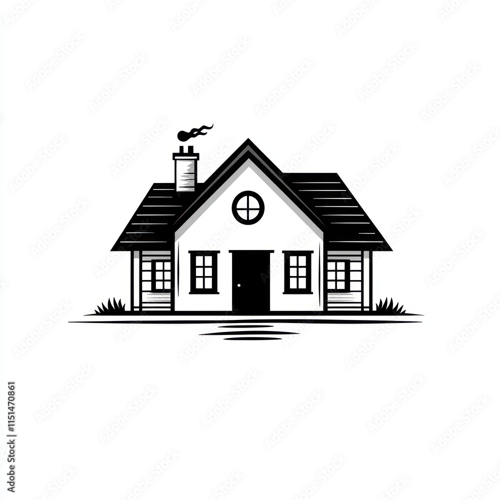 Simple black and white illustration of a cozy house with a chimney, windows, door, and grass. Simple black and white illustration of a cozy house with a chimney, windows, door, and grass.