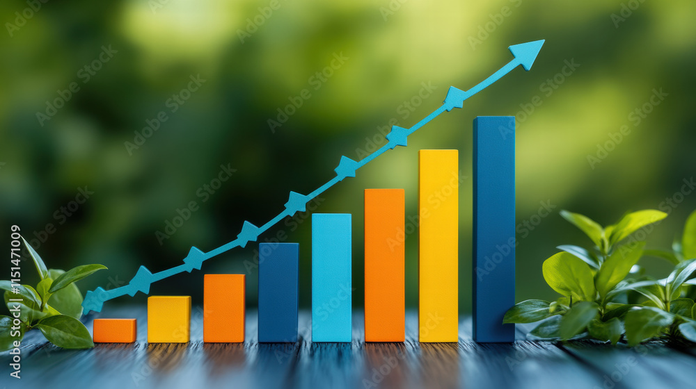 colorful bar chart with upward trend arrow surrounded by green plants colorful bar chart with upward trend arrow surrounded by green plants