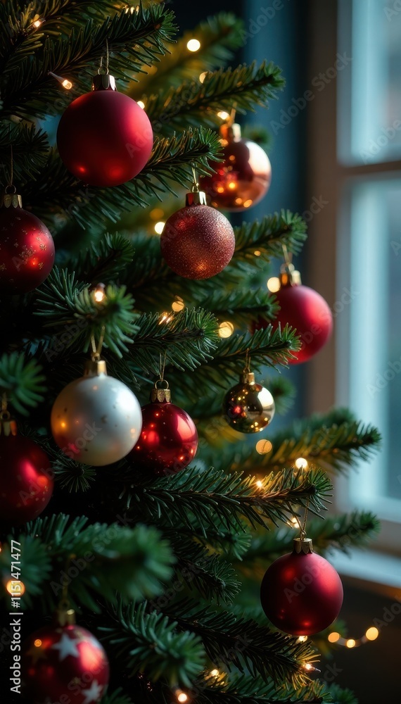 A festive Christmas tree decorated with ornaments and lights, twinkling, holiday season A festive Christmas tree decorated with ornaments and lights, twinkling, holiday season