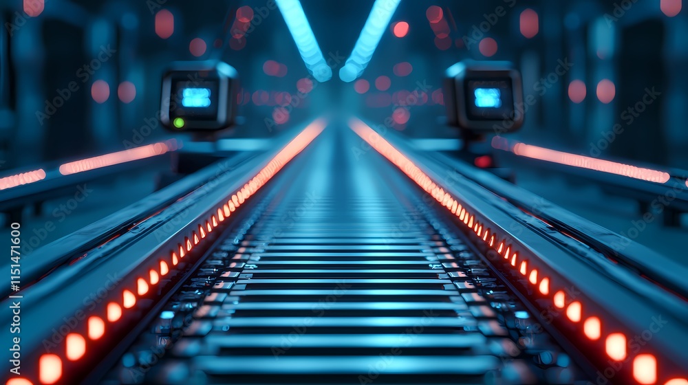 A futuristic conveyor belt illuminated with vibrant lights, creating a high-tech atmosphere in a modern industrial setting. A futuristic conveyor belt illuminated with vibrant lights, creating a high-tech atmosphere in a modern industrial setting.