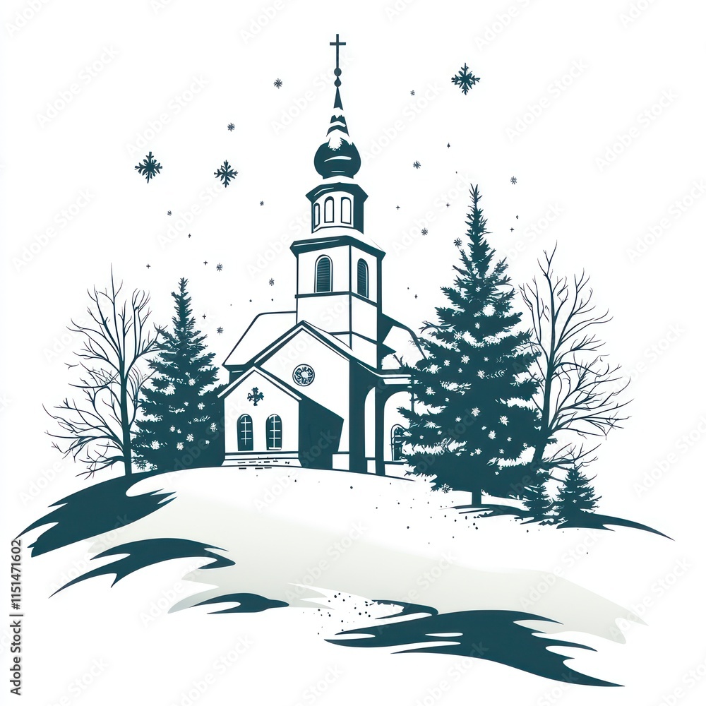 Fototapeta premium Snowy winter church scene, serene landscape.