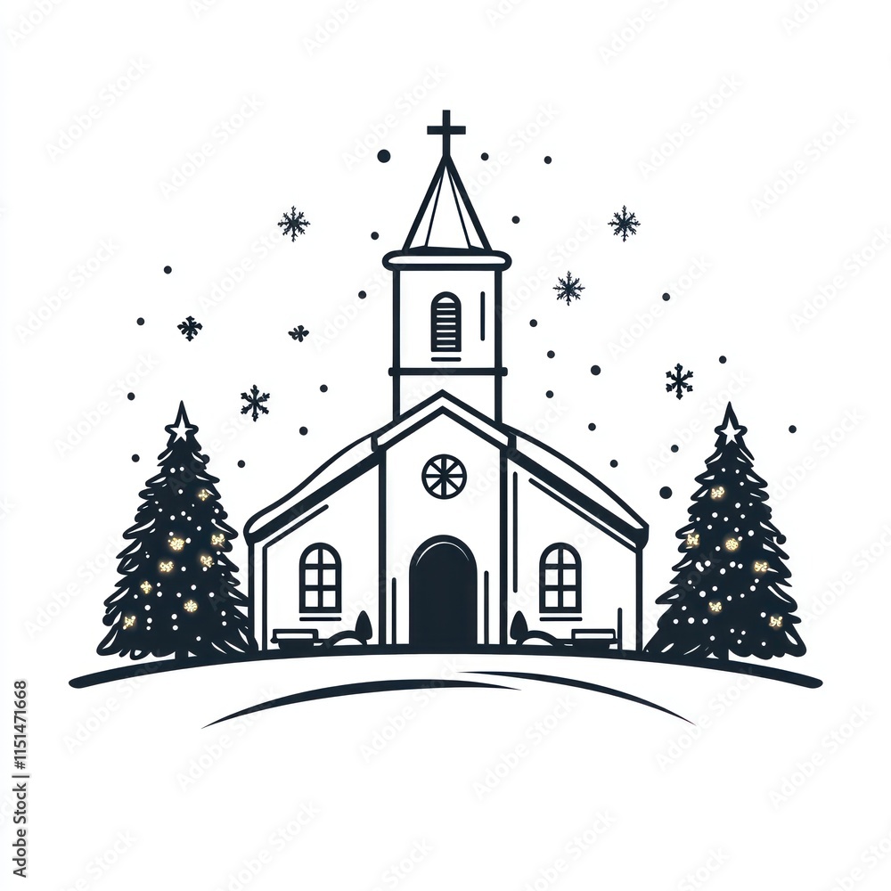 Simple line art church illustration with snow and Christmas trees. Simple line art church illustration with snow and Christmas trees.
