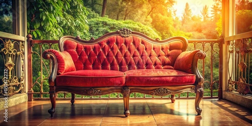 A retro red sofa, bathed in sunlight, offers a tranquil garden view. photo