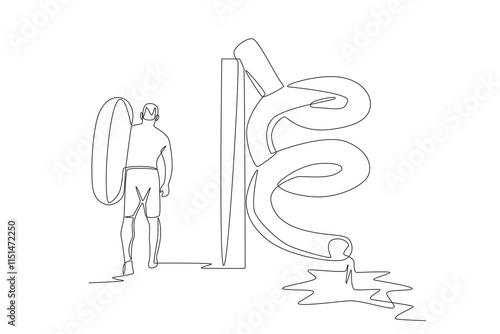 Man holding life jacket going down slide. Water park concept one-line drawing