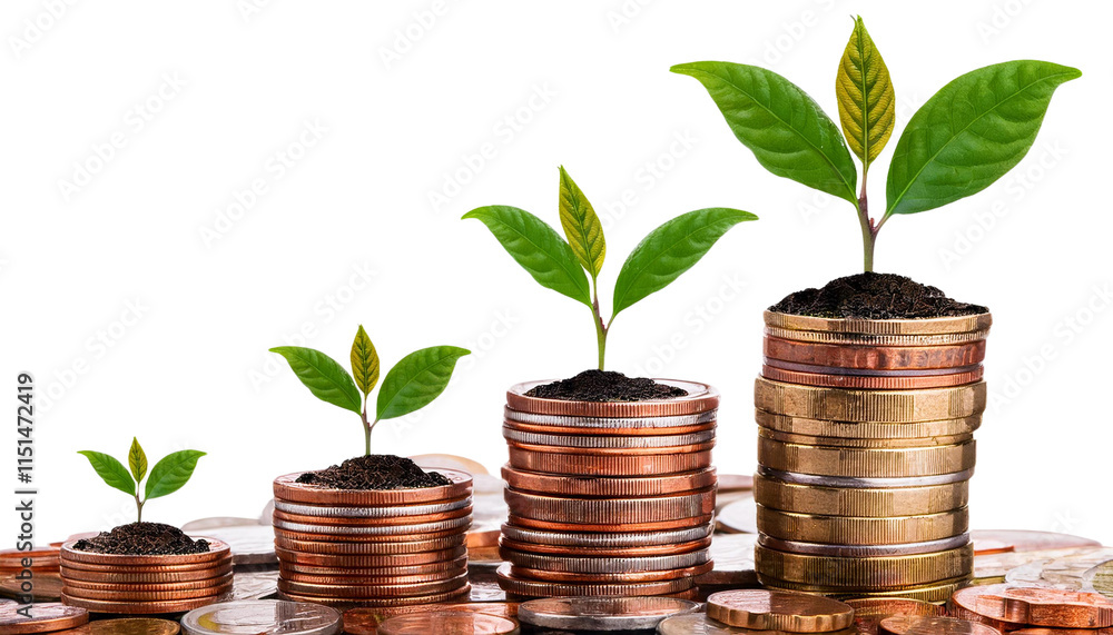 Plant sprouting from coins, symbolizing investment growth, isolated on transparent background (PNG). Plant sprouting from coins, symbolizing investment growth, isolated on transparent background (PNG).